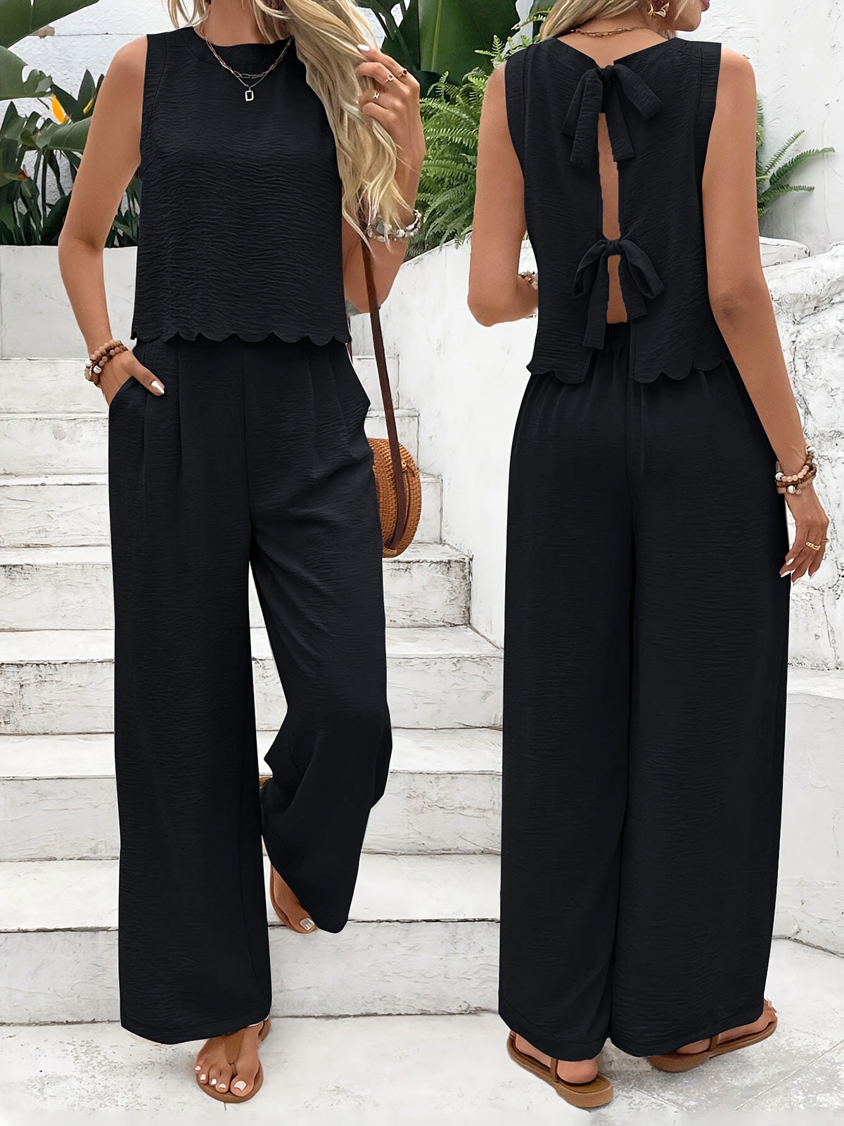 Ensemble Femme Débardeur Court et Pantalon Large – Tissu Léger – Coupe Décontractée