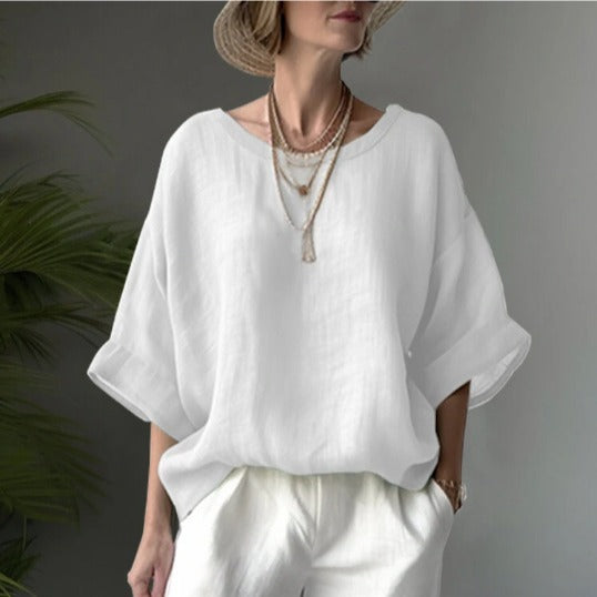 Blouse femme oversize – Col rond – Manches courtes larges – Coupe ample