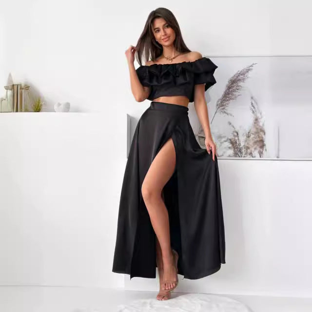 Ensemble Femme Deux Pièces – Top Court Épaules Dénudées à Volants – Jupe Longue Fendue Taille Haute