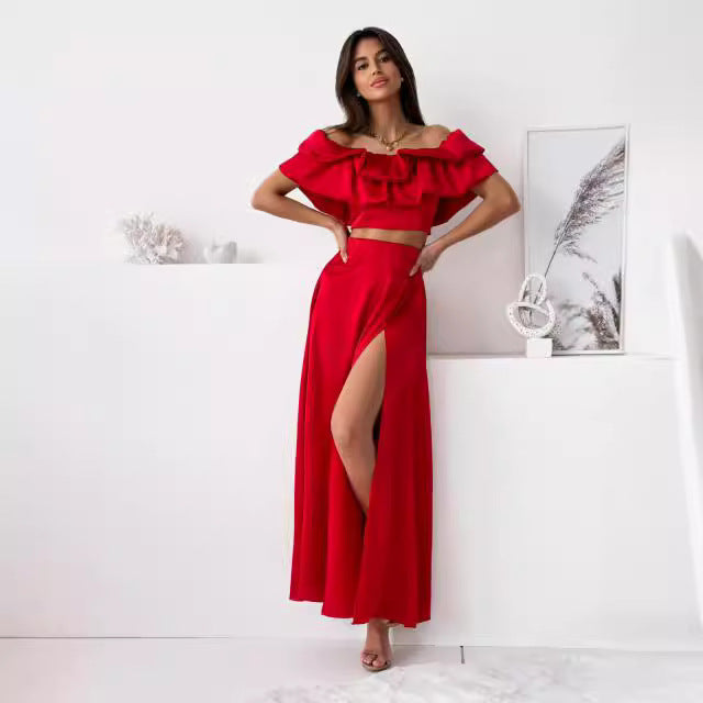 Ensemble Femme Deux Pièces – Top Court Épaules Dénudées à Volants – Jupe Longue Fendue Taille Haute
