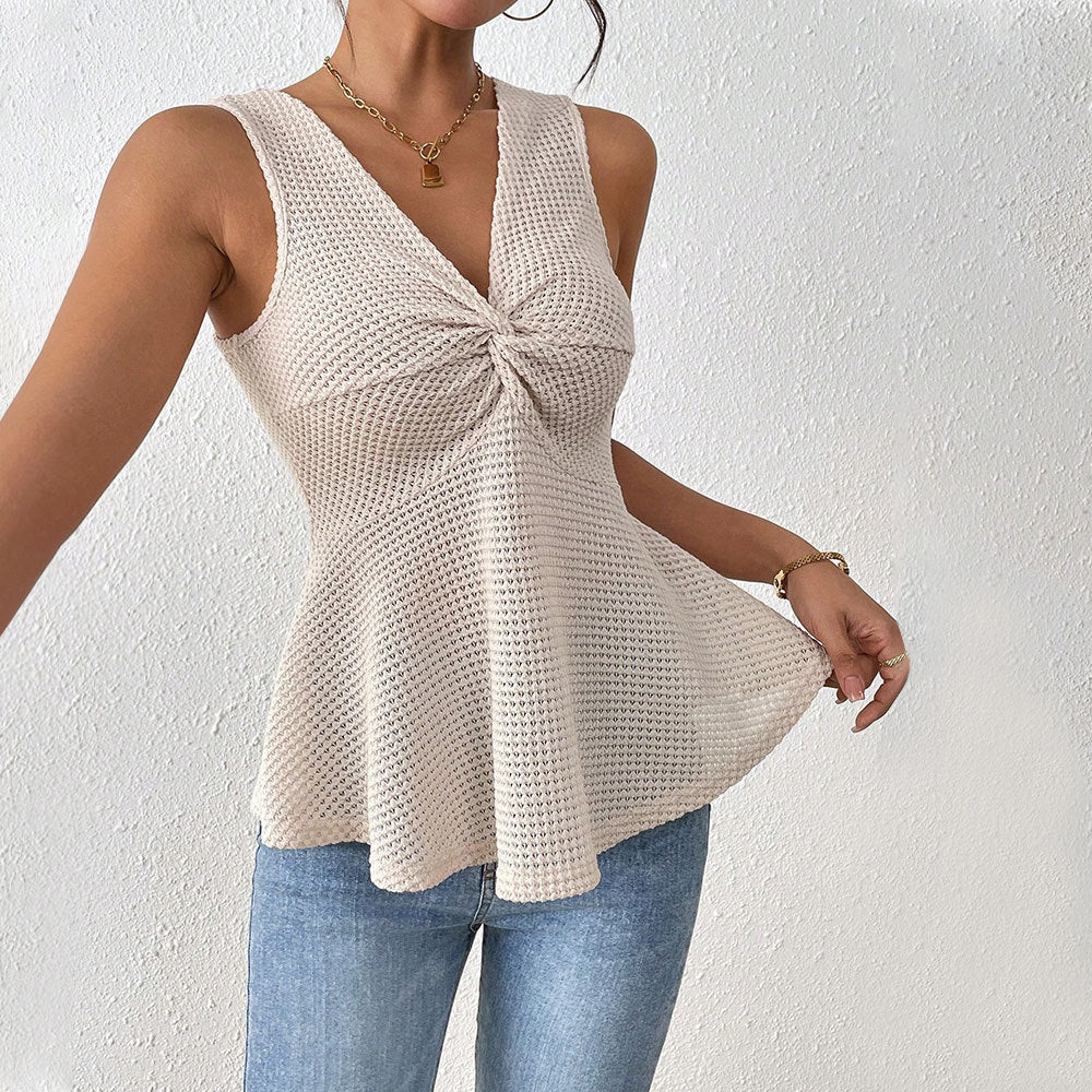 Top sans manches femme – Col V – Nœud devant – Coupe ajustée – Ourlet évasé