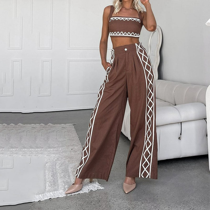 Ensemble Femme Deux Pièces – Haut Asymétrique – Pantalon Taille Haute Large – Imprimé