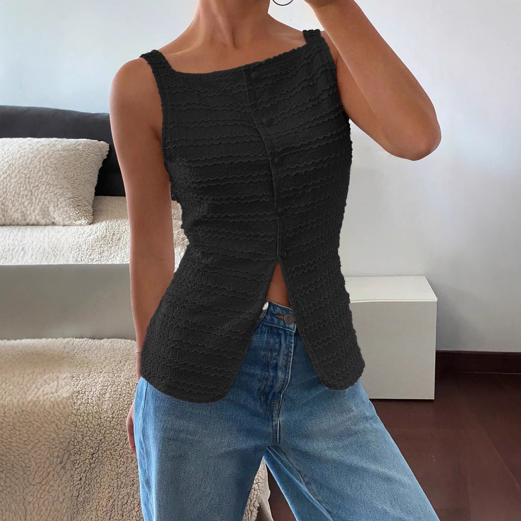Débardeur femme – Coupe slim – Côtelé doux – Détail couture et boutons devant