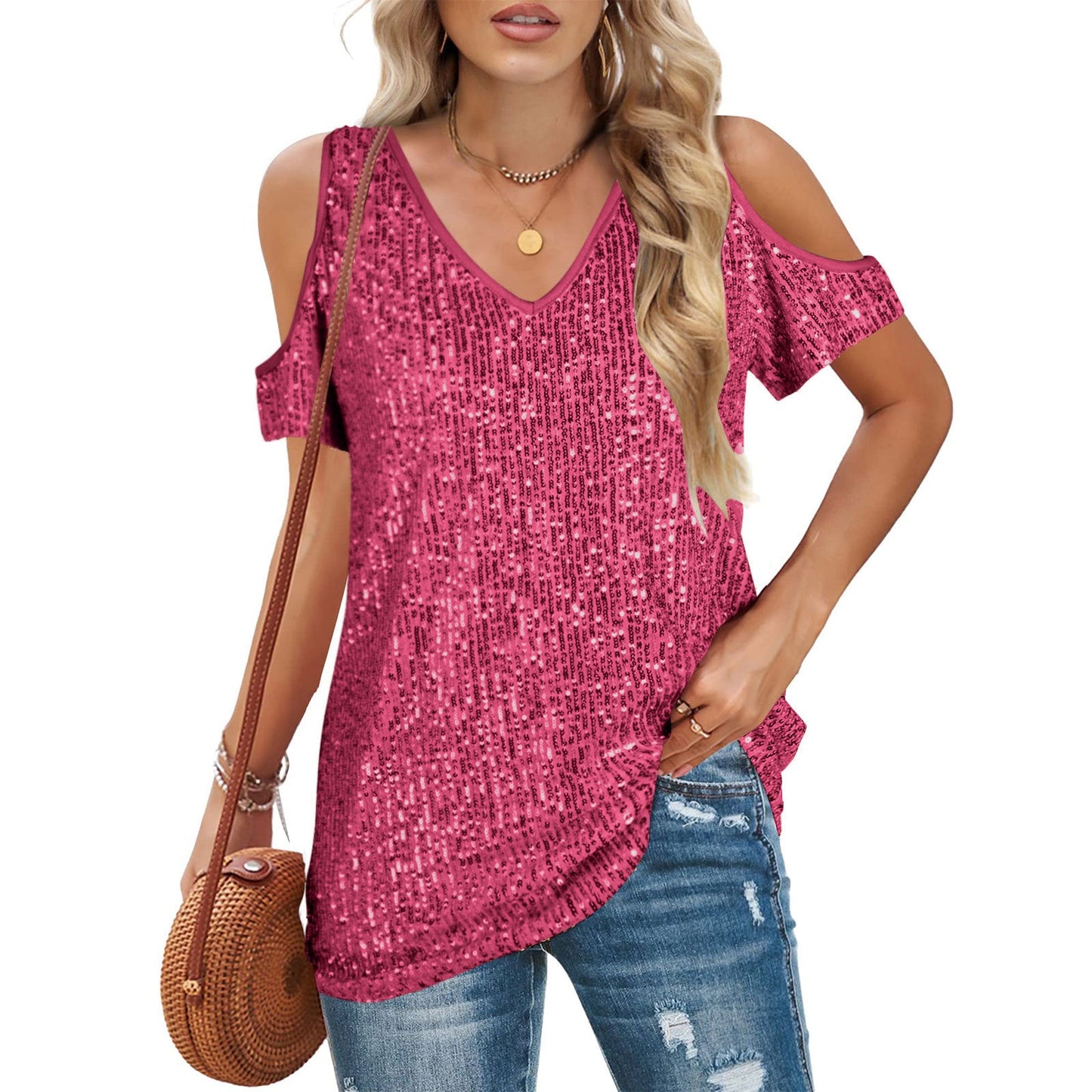 Top femme col V – Épaules dénudées – Coupe ample – Manches courtes – Devant à sequins