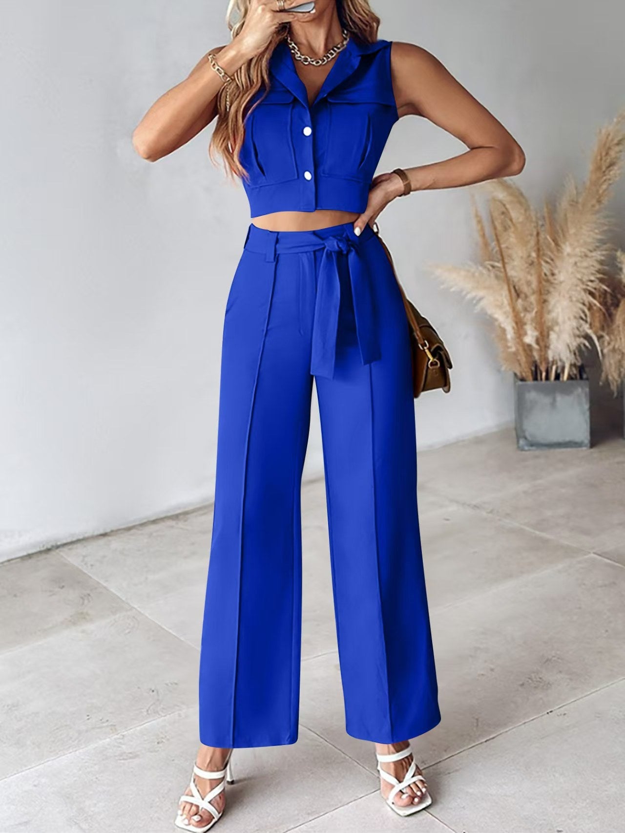 Ensemble pantalon femme – Crop top sans manches – Taille haute – Coupe large ceinturée