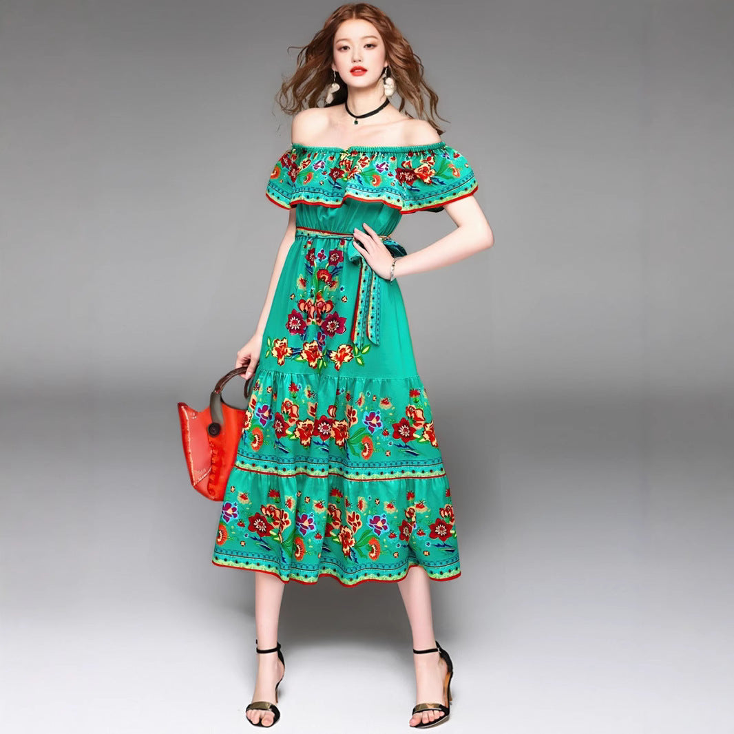 Robe maxi femme – épaules dénudées – imprimé fleuri – jupe à volants fluide