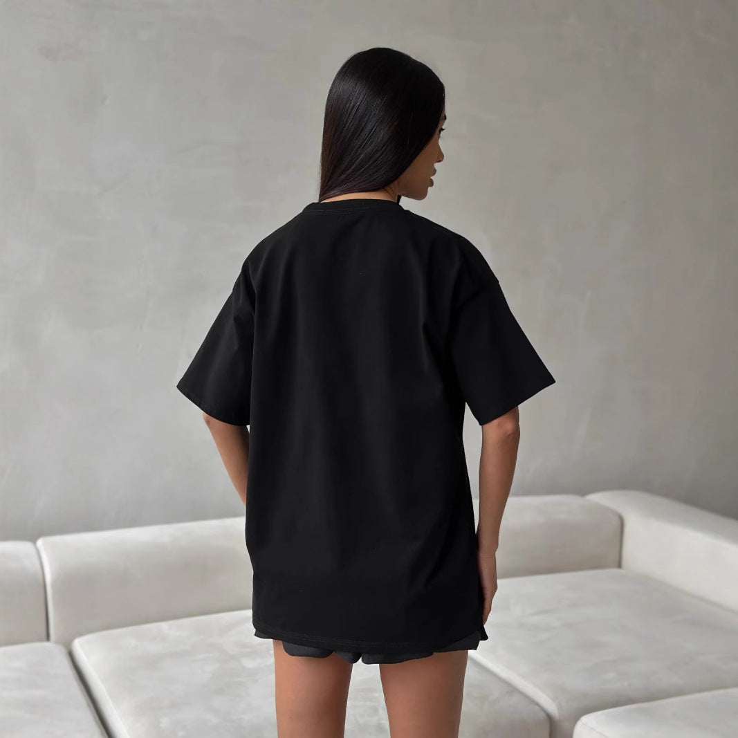 T-shirt femme – Coupe ample – Coton mélangé – Imprimé lèvres léopard – Manches courtes