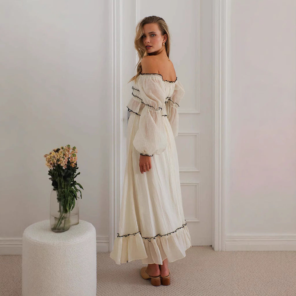 Ensemble Femme Deux Pièces – Top Épaules Dénudées Volants – Jupe Midi Fluide – Style Bohème