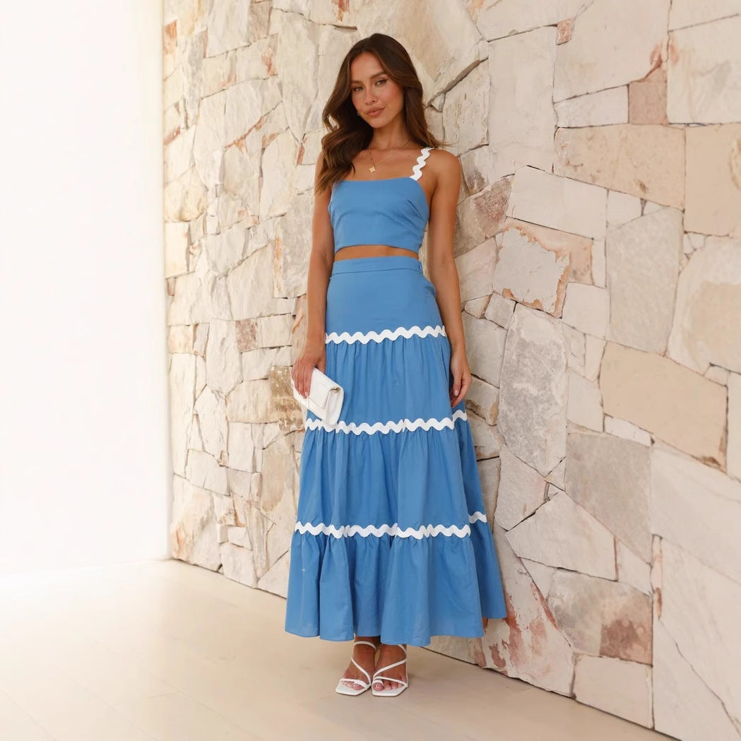 Ensemble Femme Deux Pièces – Top Court Asymétrique – Jupe Maxi Volantée Fluide