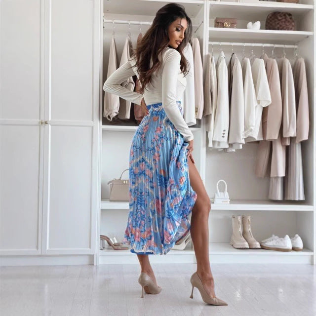 Jupe midi femme – Taille haute – Plissée évasée – Fente latérale – Imprimé audacieux