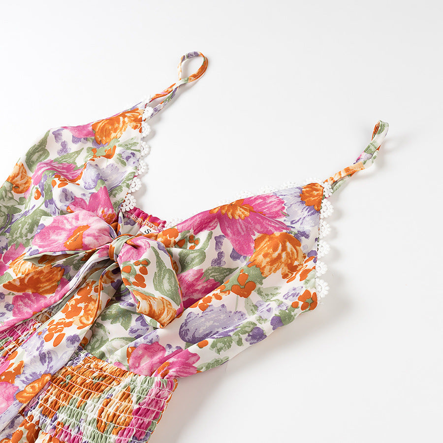 Robe femme mini – Coupe évasée – Bretelles fines – Nœud dos – Imprimé fleuri
