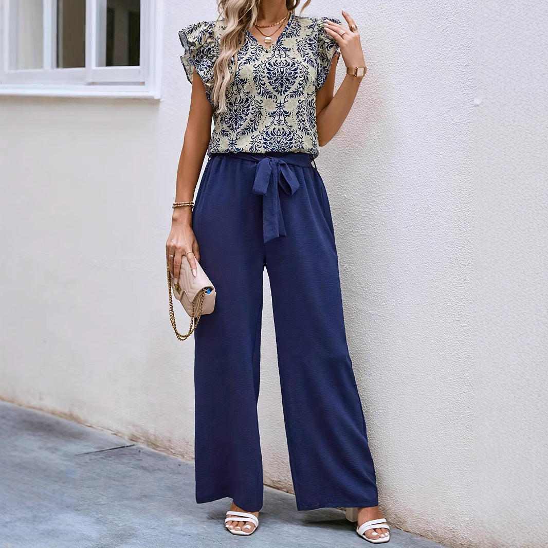 Ensemble Femme – Haut Floral Col V Manches Volants – Pantalon Large Ceinturé