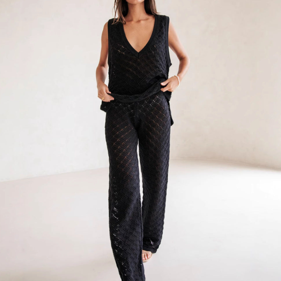 Ensemble Femme Top Sans Manches et Pantalon – Maille Motif Losanges – Coupe Décontractée
