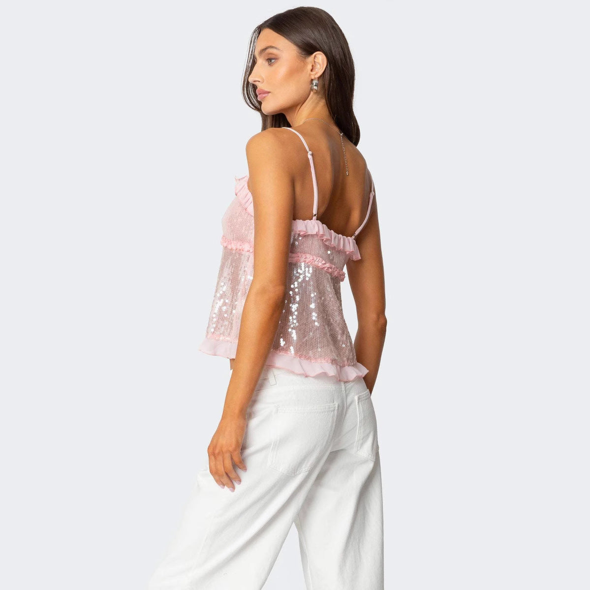 Top court femme – dos nu – coupe ajustée – sequins – volants – lien devant