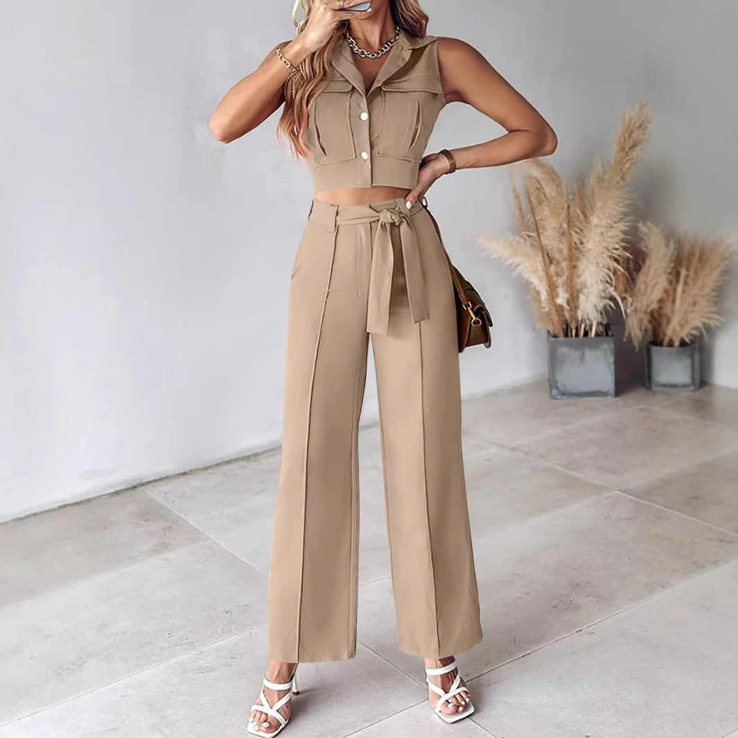 Ensemble pantalon femme – Crop top sans manches – Taille haute – Coupe large ceinturée
