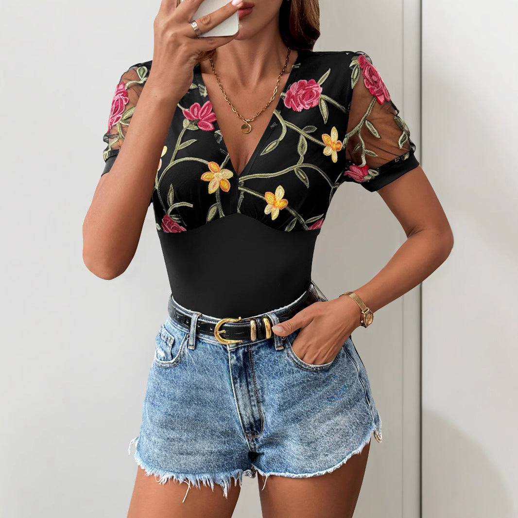 Body femme – Coupe ajustée – Manches courtes en tulle – Décolleté en V brodé