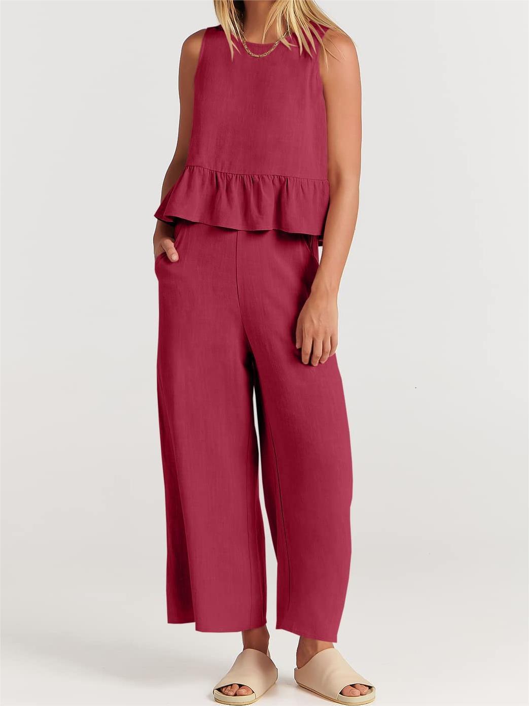 Ensemble 2 pièces pour femmes - Top sans manches - Pantalon large - Coupe décontractée