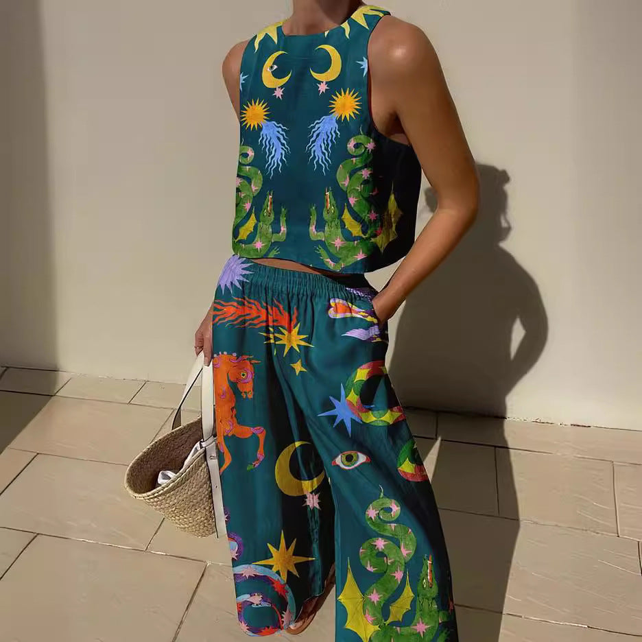 Top court sans manches femme – Coton léger – Coupe décontractée – Motifs artistiques