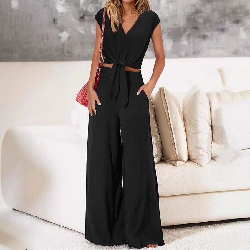 Ensemble Femme Deux Pièces – Haut Court Noué Col V – Pantalon Taille Haute Jambe Large