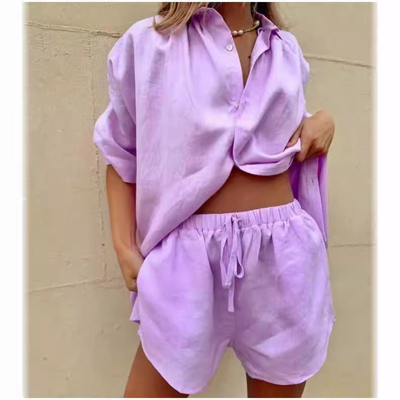 Ensemble Chemise et Short Femme – Coupe Ample – Lin Mélangé – Décontracté Respirant