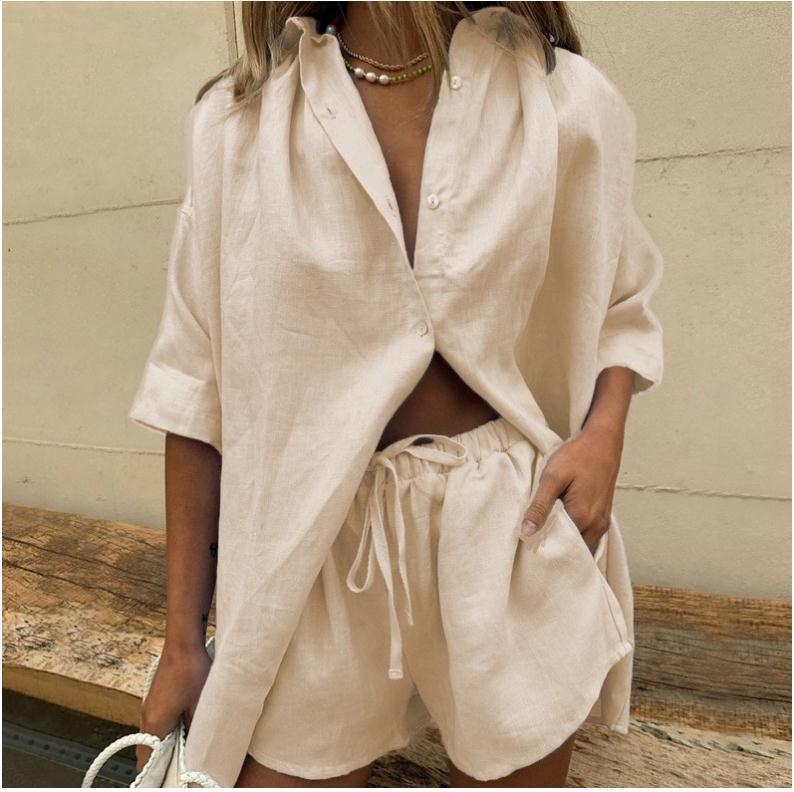 Ensemble Chemise et Short Femme – Coupe Ample – Lin Mélangé – Décontracté Respirant