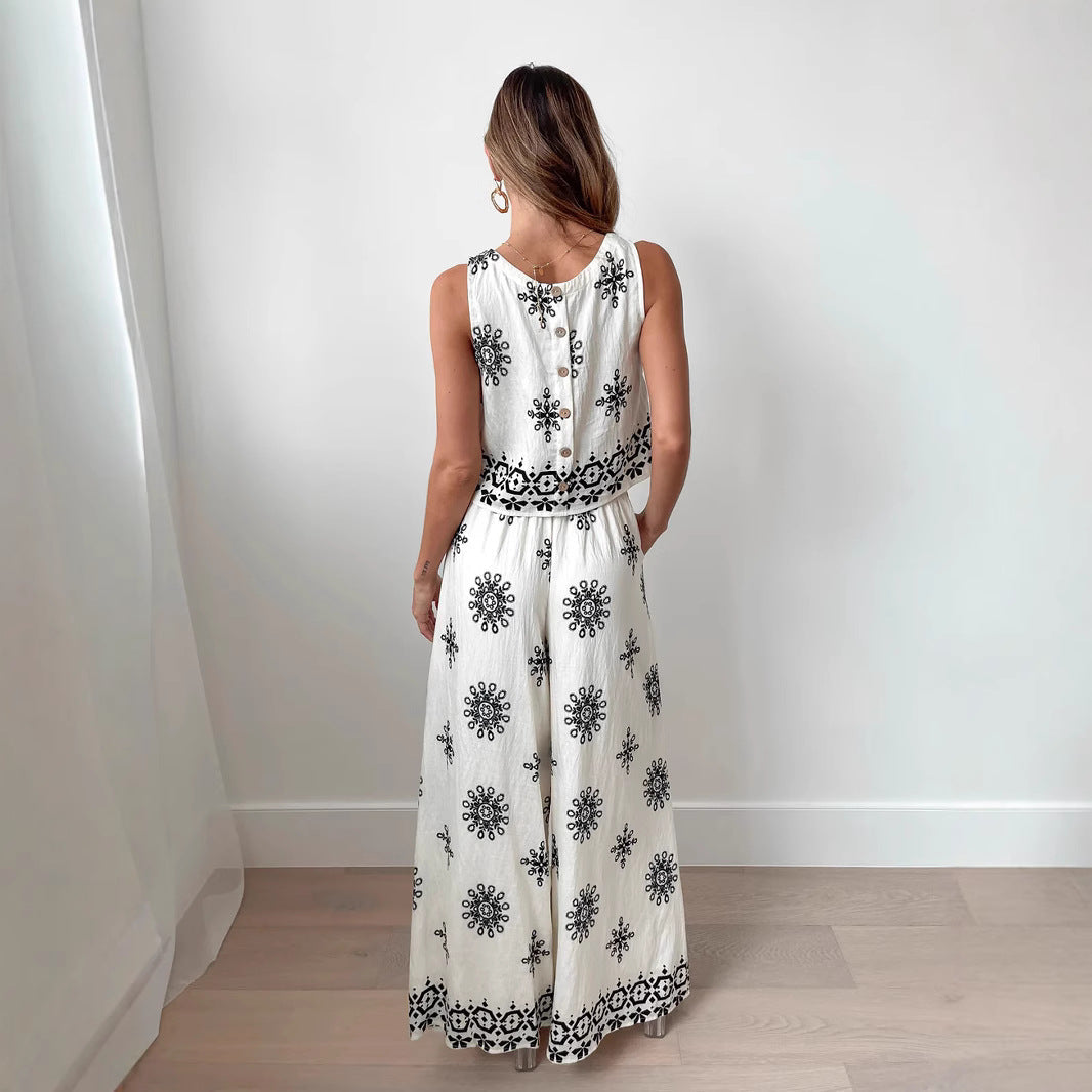 Ensemble Femme Deux Pièces – Haut Court Sans Manches Brodé – Pantalon Large Taille Haute