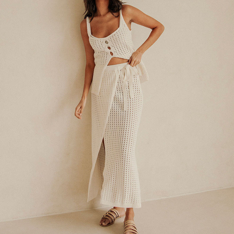 Ensemble Femme Deux Pièces – Top Court Maille Boutonné – Jupe Longue Fendue Fluide