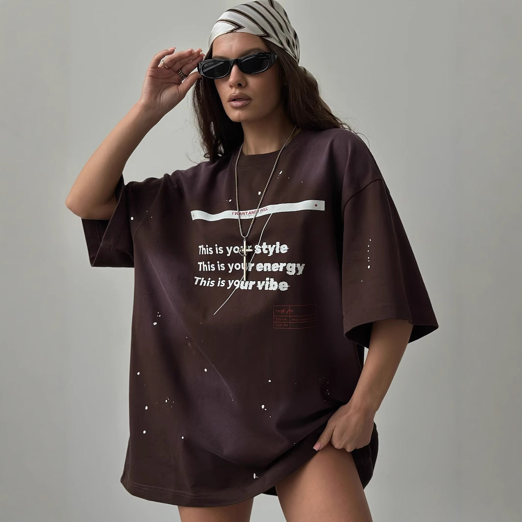 T-shirt femme oversize – Coton mélangé – Coupe large – Graphisme vintage usé