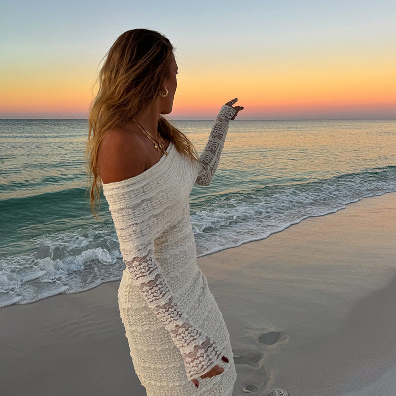 Robe longue femme – Coupe ajustée – Épaules dénudées – Dentelle légère élégante