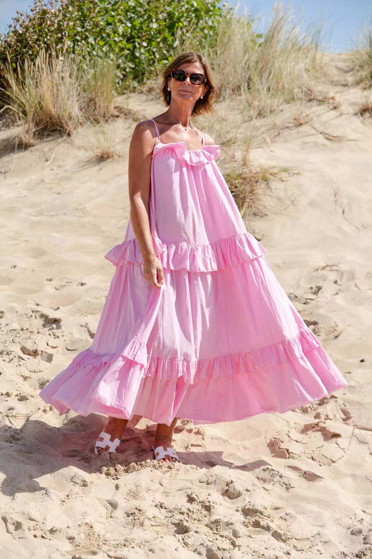 Robe longue femme – Coupe fluide – Bretelles fines – Volants