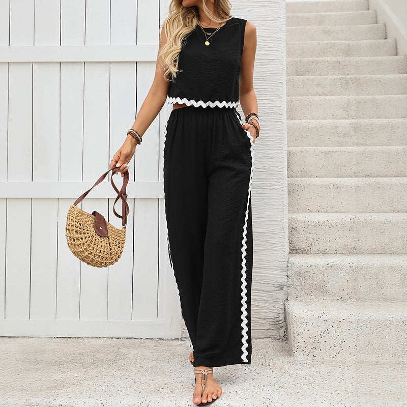 Ensemble Femme – Haut Court Sans Manches et Pantalon Long – Coupe Ample – Détails Contrastés