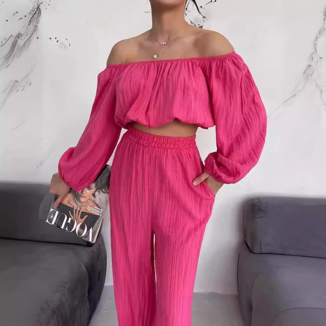 Top court femme – Épaules dénudées – Manches longues bouffantes – Tissu léger