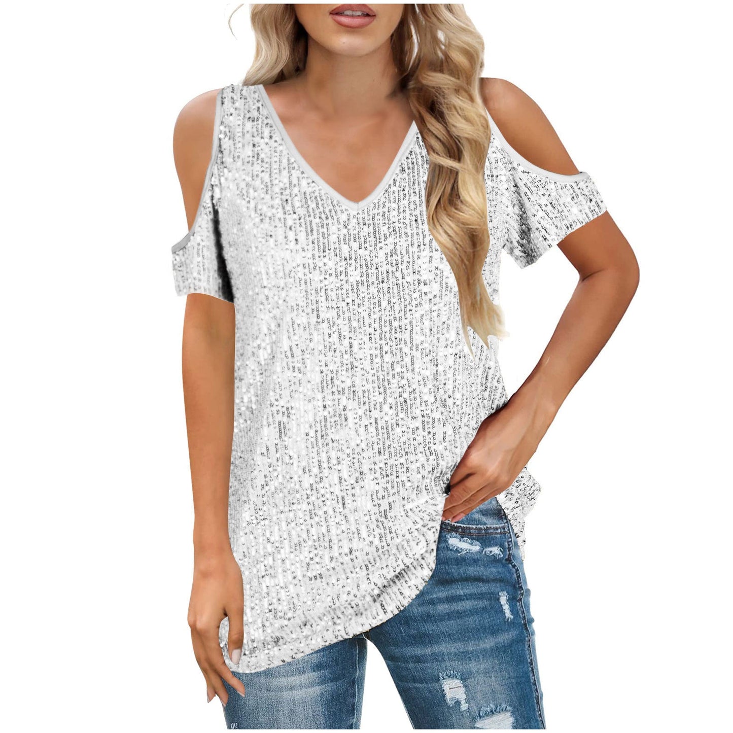 Top femme col V – Épaules dénudées – Coupe ample – Manches courtes – Devant à sequins