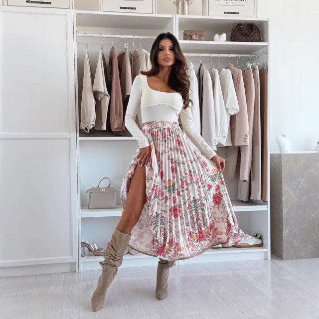 Jupe midi femme – Taille haute – Plissée évasée – Fente latérale – Imprimé audacieux