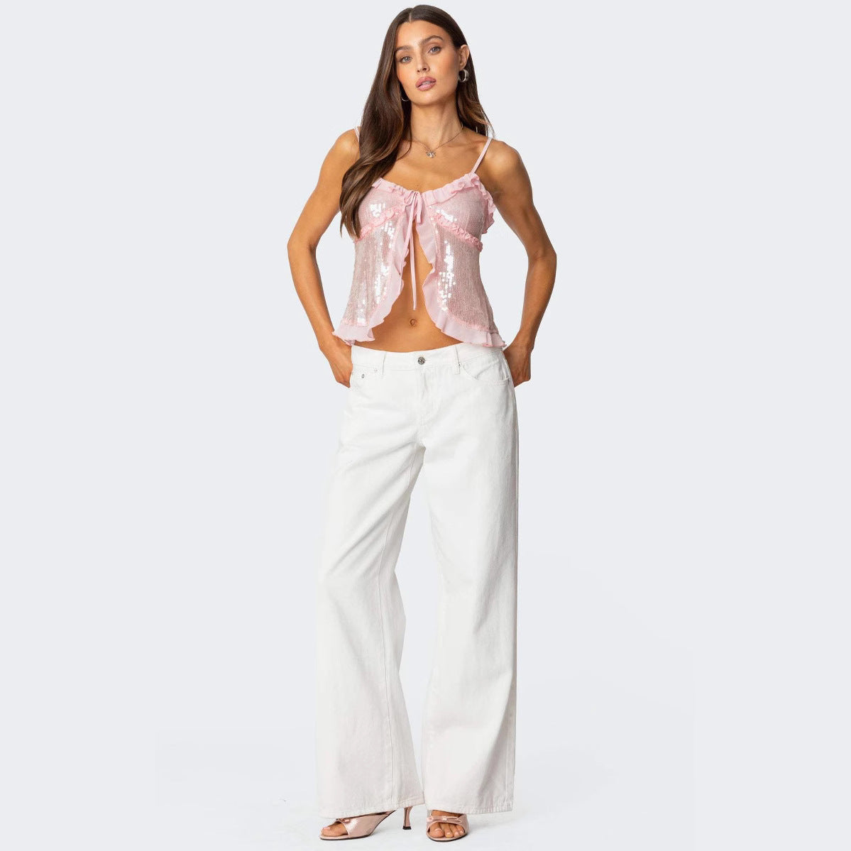 Top court femme – dos nu – coupe ajustée – sequins – volants – lien devant