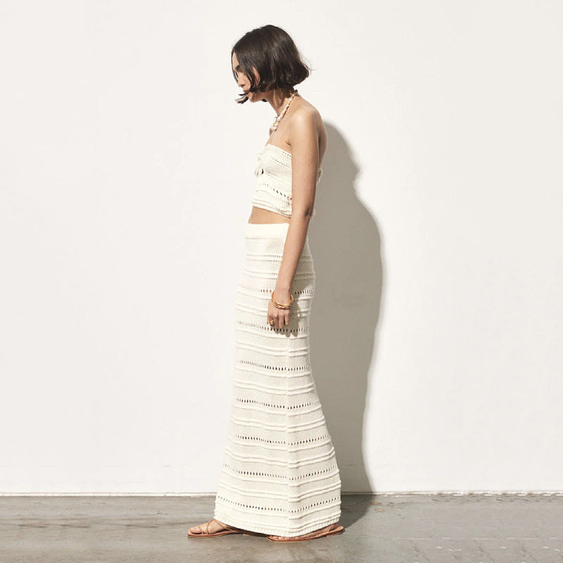 Ensemble Deux Pièces Femme – Crochet Respirant – Coupe Slim – Top Bandeau et Jupe Midi