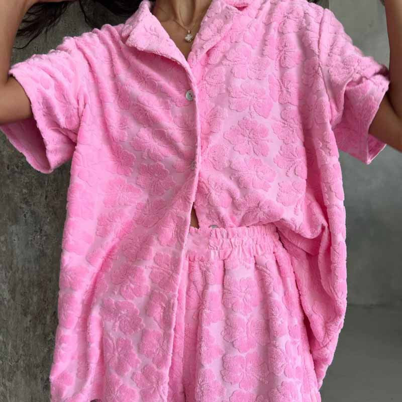 Pyjama Femme – Coupe Décontractée – Maille Jacquard – Chemise Boutonnée & Short Élastique