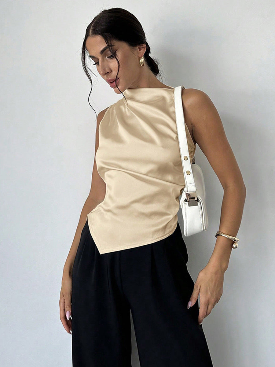 Blouse sans manches femme – Coupe slim satinée – Col montant – Devant drapé