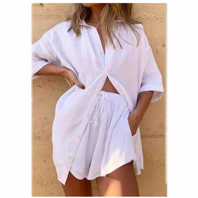 Ensemble Chemise et Short Femme – Coupe Ample – Lin Mélangé – Décontracté Respirant