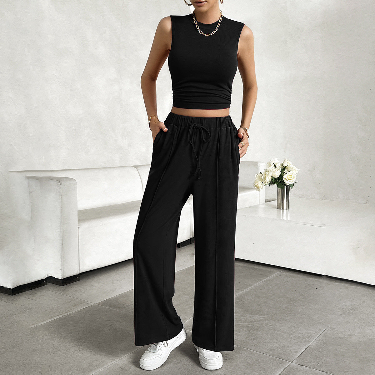 Ensemble Femme 2 Pièces – Crop Top Sans Manches – Pantalon Large Taille Haute