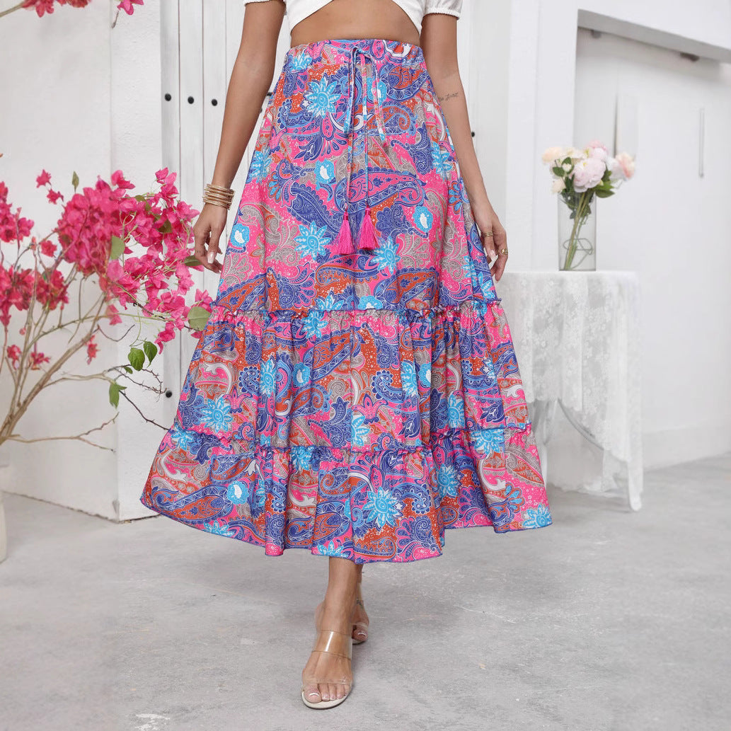 Jupe longue femme – Coupe fluide – Taille réglable – Style bohème à volants