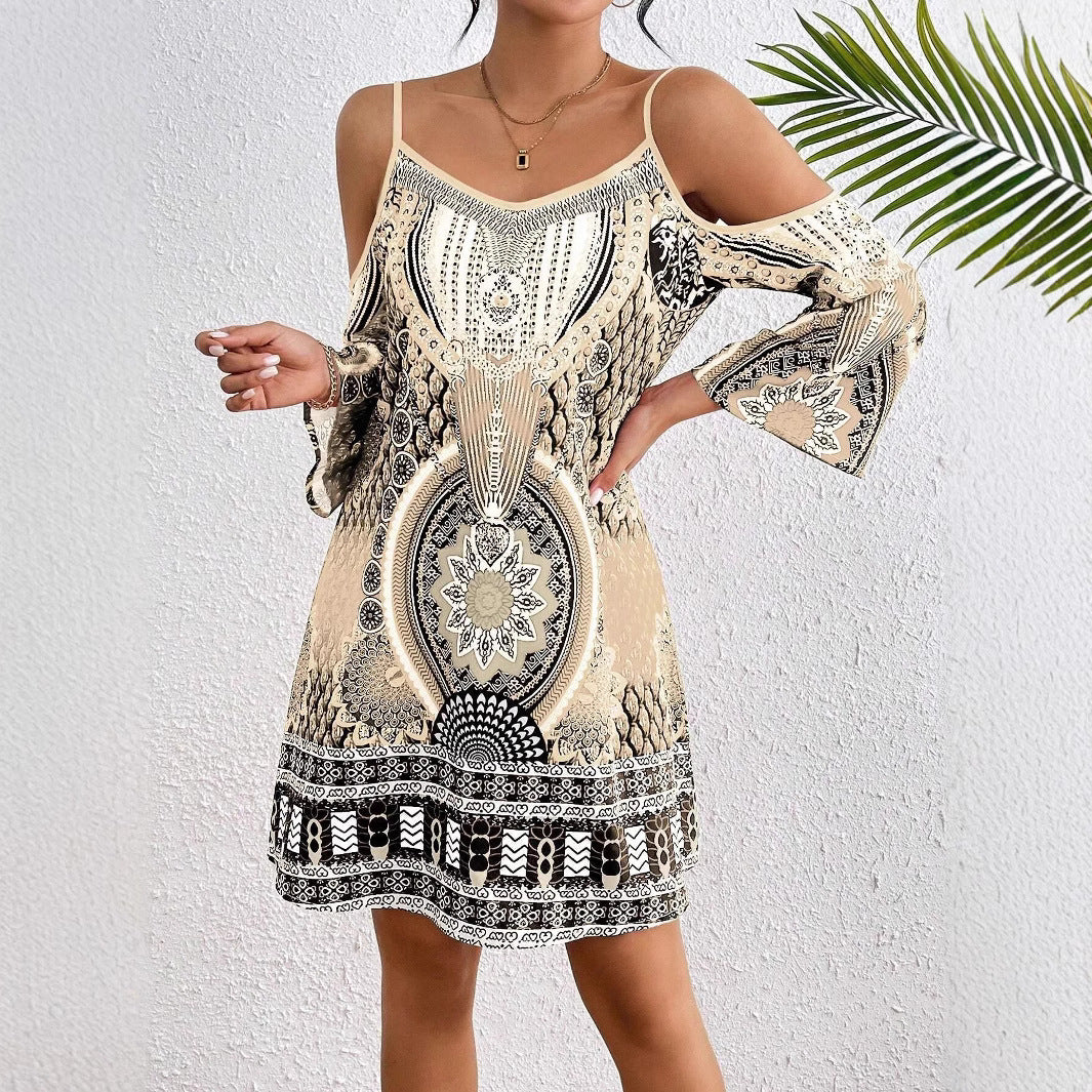 Robe midi femme – Coupe évasée – Épaules dénudées – Manches mi-longues