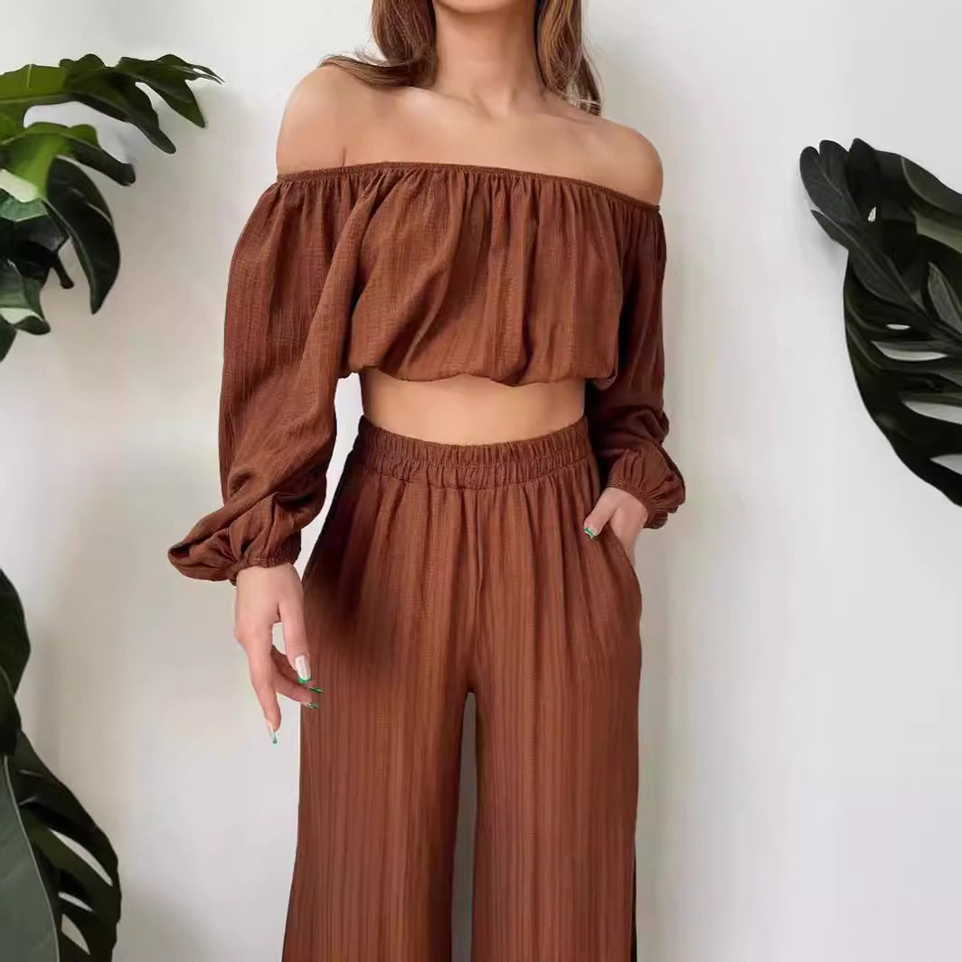 Top court femme – Épaules dénudées – Manches longues bouffantes – Tissu léger