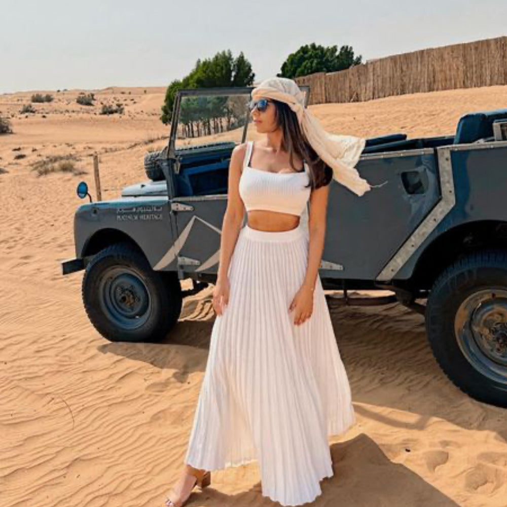 Ensemble Femme Débardeur Côtelé Court – Coupe Slim – Jupe Longue Plissée Fluide