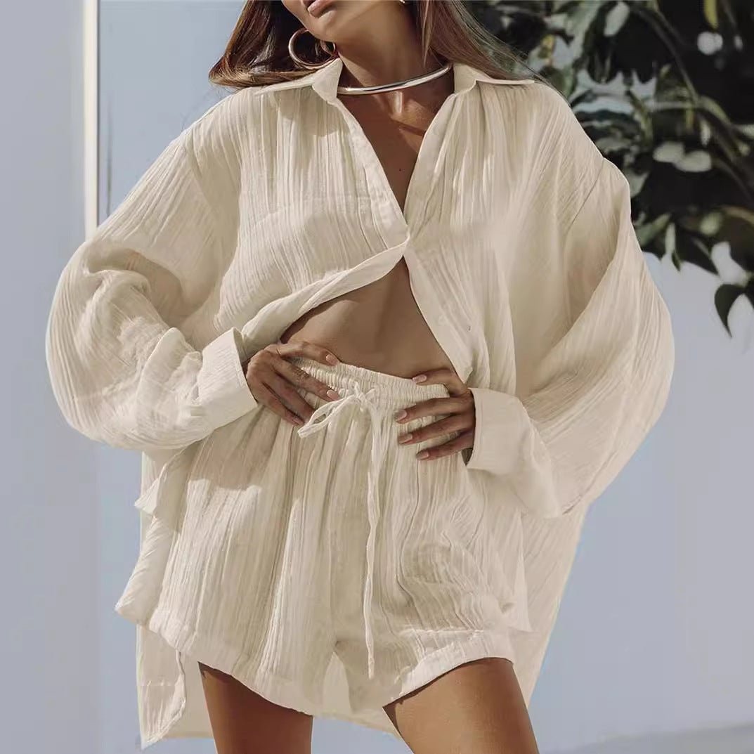 Ensemble Femme Détente – Chemise Longue Oversize – Short Taille Cordon