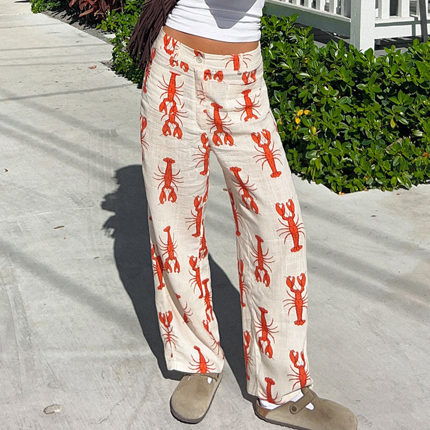 Pantalon femme coupe droite – Tissu respirant – Imprimé homards – Coupe décontractée