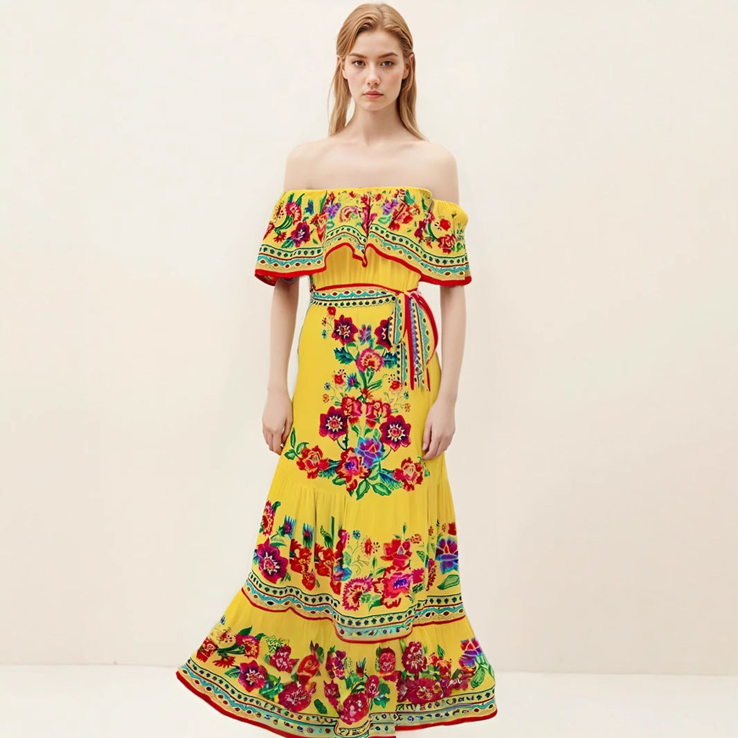 Robe maxi femme – épaules dénudées – imprimé fleuri – jupe à volants fluide