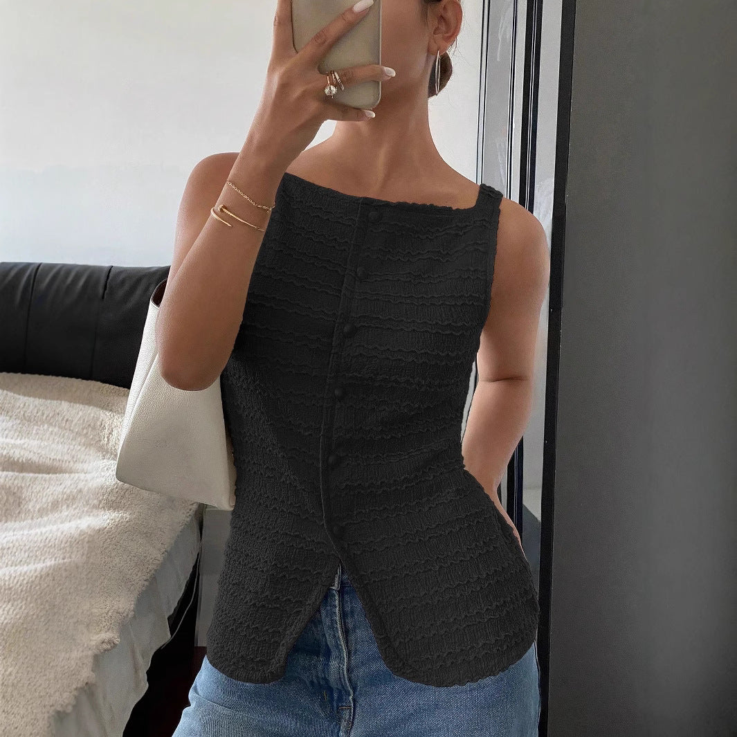 Débardeur femme – Coupe slim – Côtelé doux – Détail couture et boutons devant