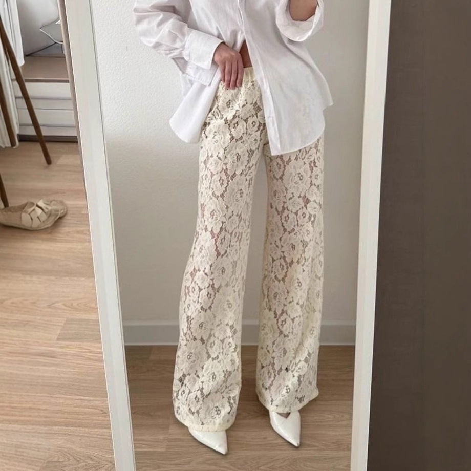 Pantalon Femme Large – Dentelle Transparente – Taille Élastique – Longueur Totale