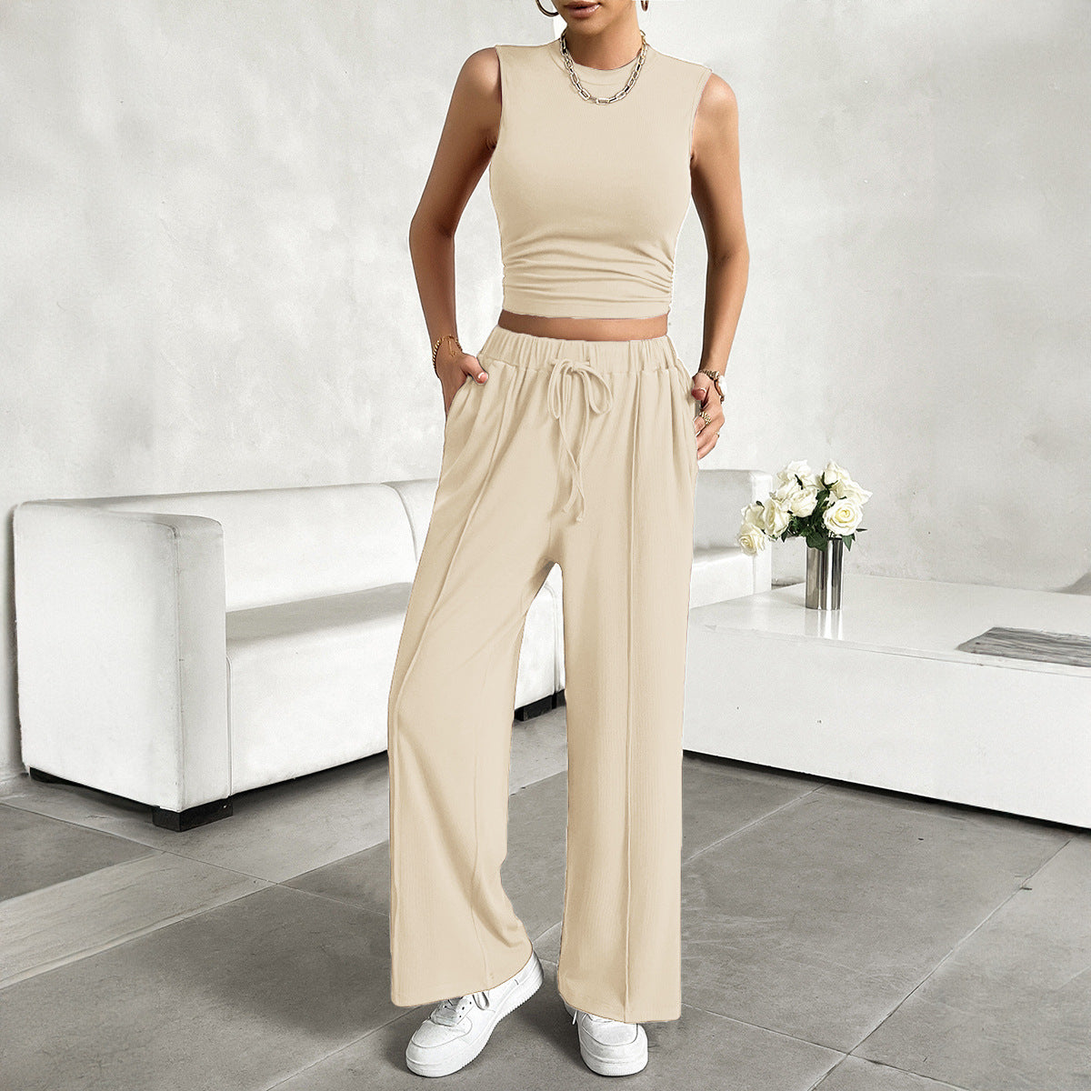 Ensemble Femme 2 Pièces – Crop Top Sans Manches – Pantalon Large Taille Haute